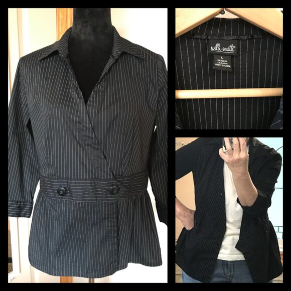 Willi Smith Pinstripe Shirt Jacket: Lightweight Ruffled Black, Size on Tag L - Picture 7 of 7